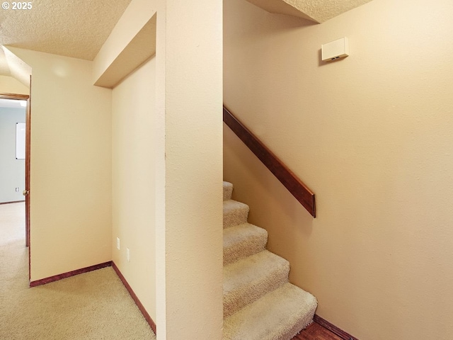 stairway featuring carpet and a textured ceiling