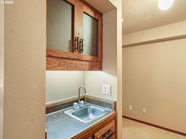 kitchen featuring light carpet, sink, and a textured ceiling