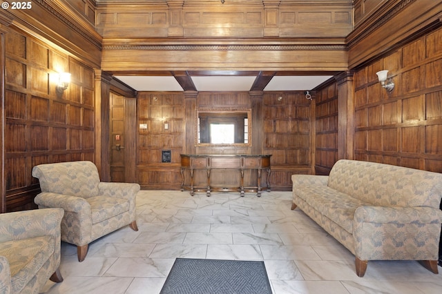 1811 NW Couch St Unit 210, Portland, OR 97209 - sitting room featuring wooden walls, marble finish flooring, beam ceiling, built in shelves, and coffered ceiling