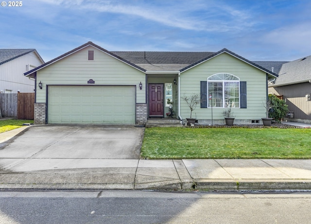 ranch-style home with a garage and a front yard