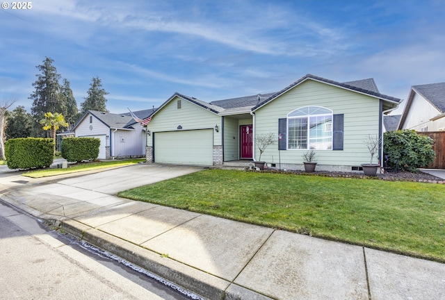 single story home featuring a garage and a front lawn