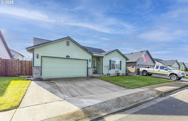 ranch-style home with a garage and a front yard