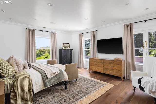 11175 S Riverwood Rd, Portland, OR 97219 - bedroom featuring multiple windows, wood-type flooring, french doors, and ornamental molding