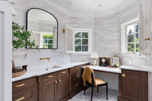 11175 S Riverwood Rd, Portland, OR 97219 - office featuring crown molding, tile walls, and built in study area