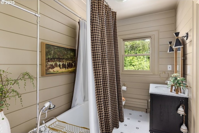 11175 S Riverwood Rd, Portland, OR 97219 - bathroom featuring vanity, wood walls, and shower / bath combination with curtain