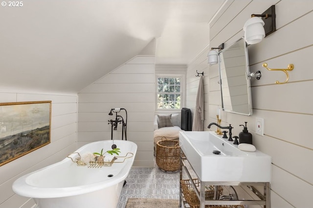 11175 S Riverwood Rd, Portland, OR 97219 - bathroom with lofted ceiling, a freestanding bath, and wood walls