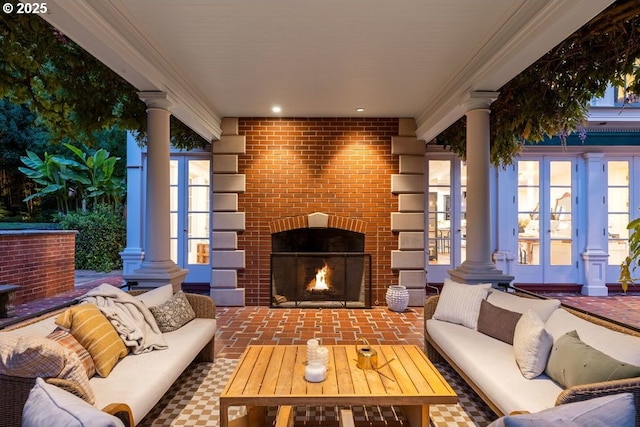 11175 S Riverwood Rd, Portland, OR 97219 - view of patio / terrace featuring an outdoor living space with a fireplace and french doors