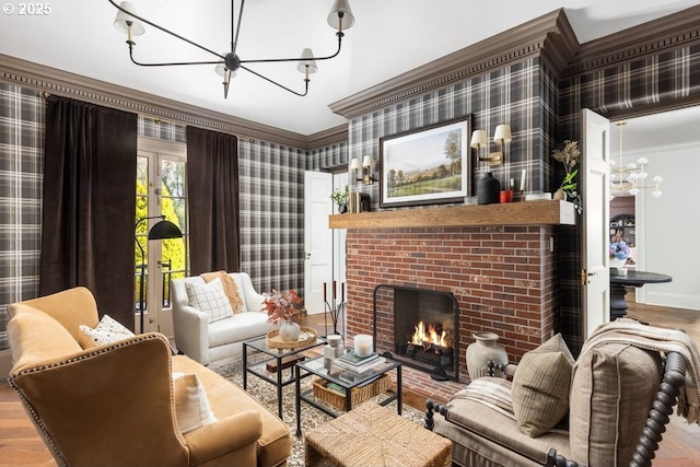 11175 S Riverwood Rd, Portland, OR 97219 - living area with a chandelier, french doors, crown molding, a brick fireplace, and wood finished floors