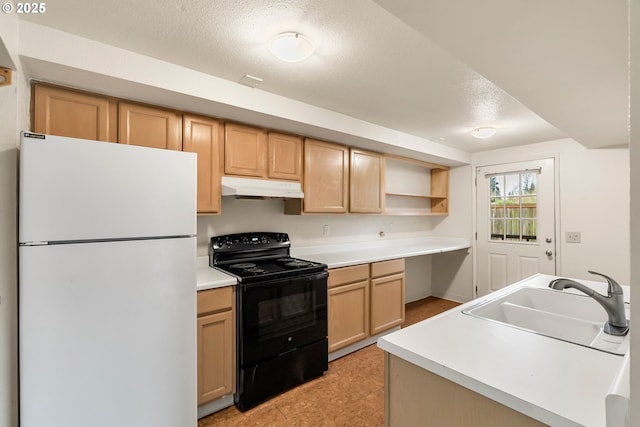 kitchen with open shelves, freestanding refrigerator, a sink, black range with electric cooktop, and under cabinet range hood