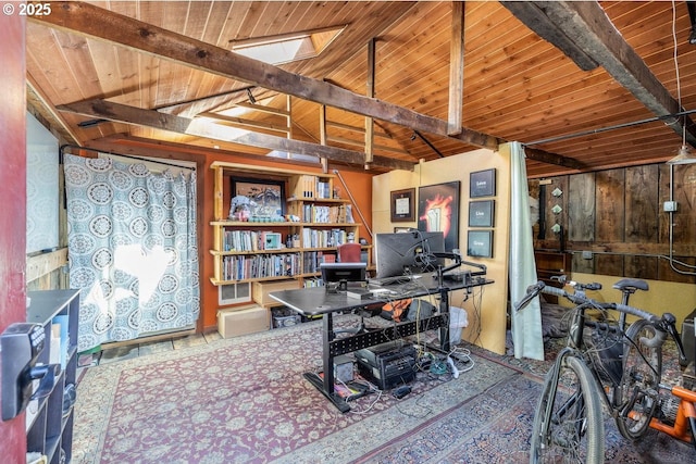 414 NW Riverside Blvd, Bend, OR 97703 - office with wooden ceiling, a skylight, and wood walls