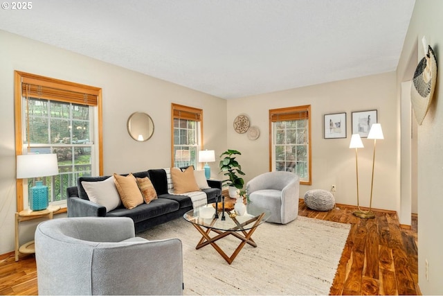 living area featuring baseboards, plenty of natural light, and wood finished floors