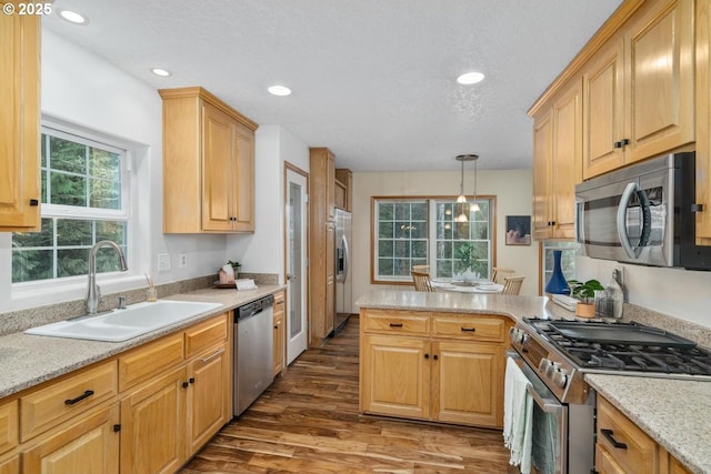 kitchen featuring pendant lighting, appliances with stainless steel finishes, wood finished floors, a sink, and a peninsula