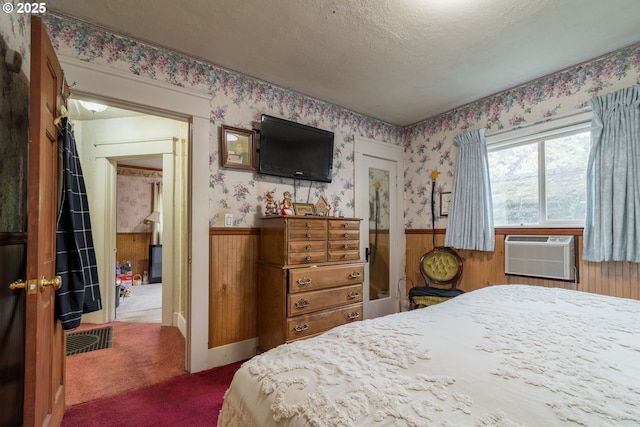 860 Adams St, Eugene, OR 97402 - carpeted bedroom with wainscoting, wallpapered walls, wooden walls, and a textured ceiling