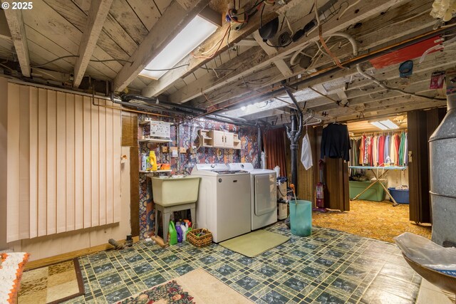 860 Adams St, Eugene, OR 97402 - unfinished basement with independent washer and dryer, tile patterned floors, and a sink