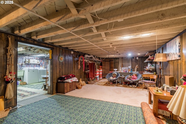 860 Adams St, Eugene, OR 97402 - finished below grade area featuring washer and dryer, wooden walls, and carpet