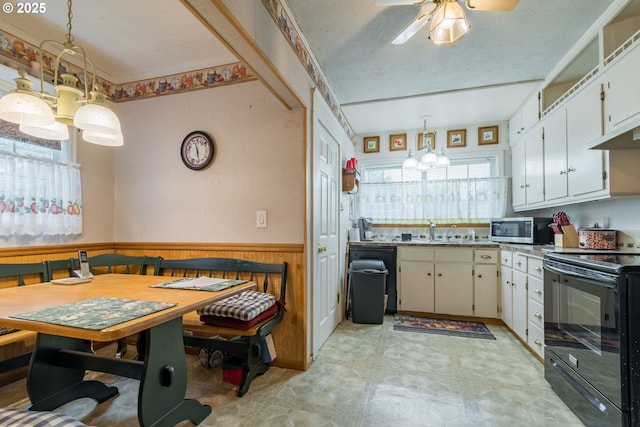 860 Adams St, Eugene, OR 97402 - kitchen with stainless steel microwave, black range with electric cooktop, wainscoting, a chandelier, and a ceiling fan