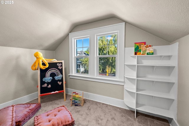 6959 N Denver Ave, Portland, OR 97217 - playroom with a textured ceiling, lofted ceiling, carpet flooring, and baseboards