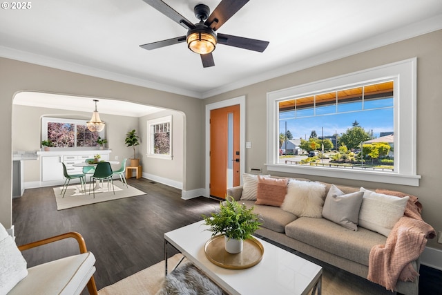 6959 N Denver Ave, Portland, OR 97217 - living room with ornamental molding, a ceiling fan, dark wood-type flooring, and baseboards