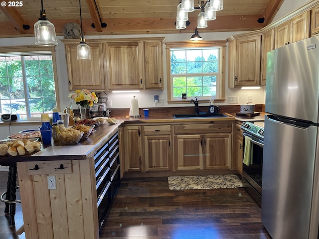 34376 State Highway 38, Scottsburg, OR 97473 - kitchen with appliances with stainless steel finishes, a sink, wood ceiling, dark wood-type flooring, and healthy amount of natural light