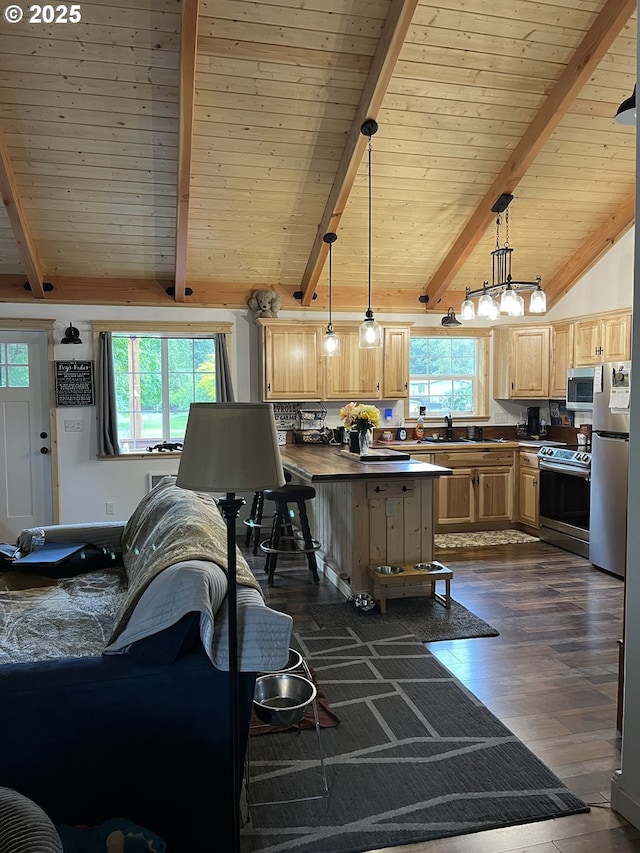 34376 State Highway 38, Scottsburg, OR 97473 - kitchen featuring appliances with stainless steel finishes, light brown cabinetry, dark wood finished floors, wooden ceiling, and pendant lighting