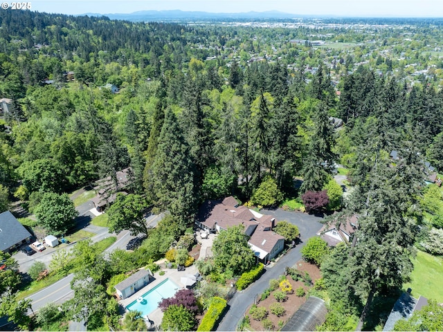 aerial overview of property's location with a forest and a pool area