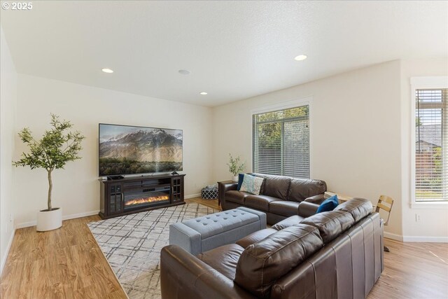 309 NW 150th Way, Vancouver, WA 98685 - living room featuring healthy amount of natural light, light wood-type flooring, recessed lighting, and a glass covered fireplace
