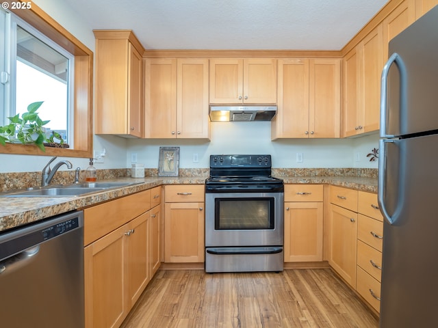 kitchen with light brown cabinetry, sink, light hardwood / wood-style flooring, and appliances with stainless steel finishes