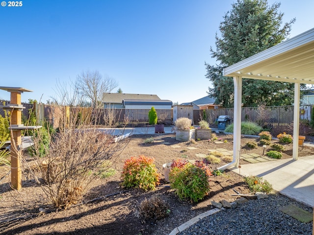 view of yard featuring a storage unit