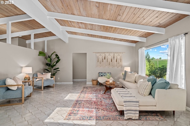 living room with wood ceiling and baseboards