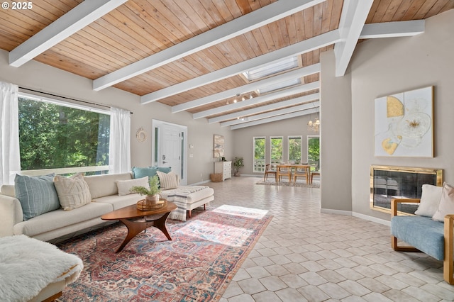 living room with baseboards, a chandelier, and wooden ceiling