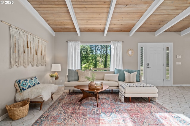 tiled living room with wood ceiling and baseboards