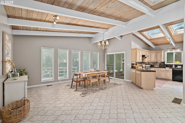 dining space with a skylight, a chandelier, wood ceiling, and baseboards