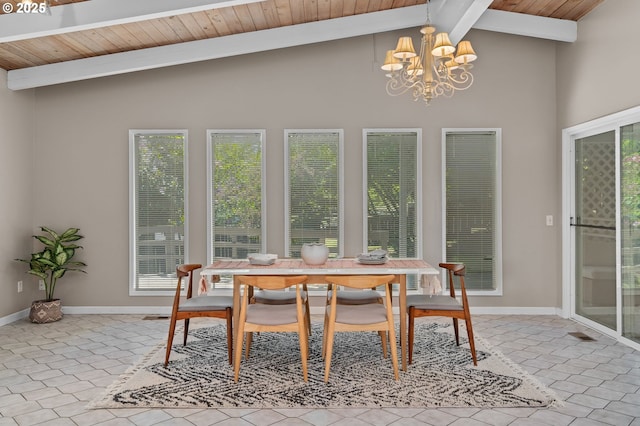 dining area featuring a chandelier, beamed ceiling, baseboards, high vaulted ceiling, and light tile patterned floors