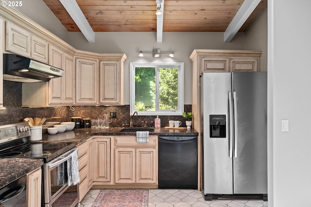 kitchen with stainless steel appliances, under cabinet range hood, a sink, backsplash, and beamed ceiling