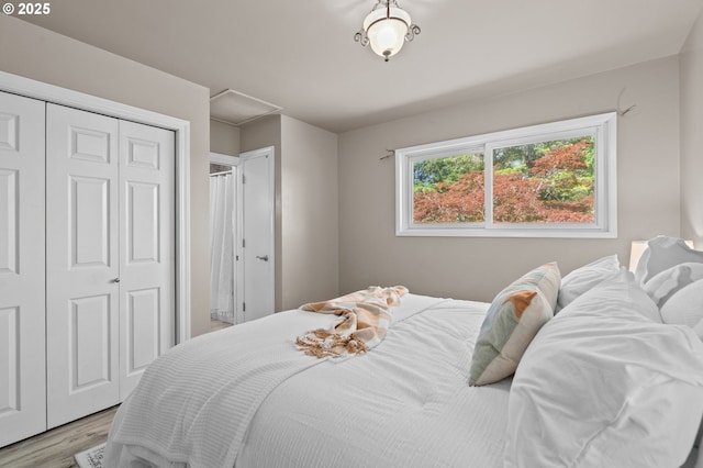 bedroom with wood finished floors and a closet