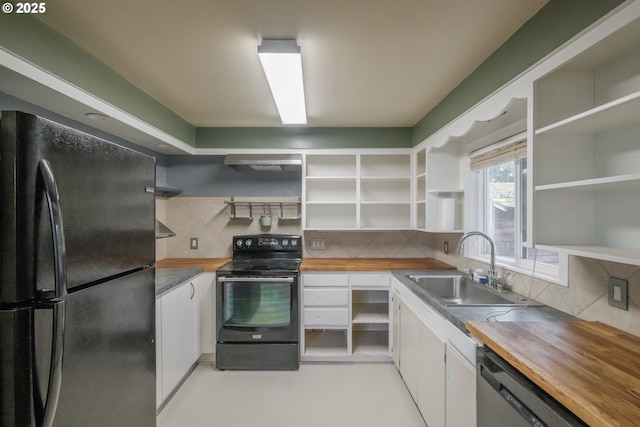 kitchen featuring open shelves, a sink, white cabinets, wooden counters, and black appliances