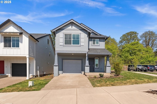 craftsman house featuring driveway, covered porch, an attached garage, a shingled roof, and board and batten siding