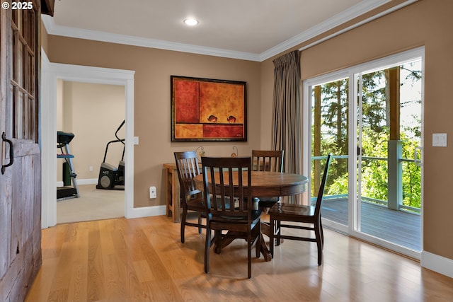 3563 Jake Mann Ln, Florence, OR 97439 - dining area with light wood-style flooring, ornamental molding, baseboards, and recessed lighting