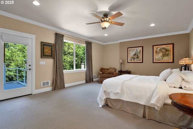 3563 Jake Mann Ln, Florence, OR 97439 - carpeted bedroom with access to outside, recessed lighting, crown molding, baseboards, and a ceiling fan