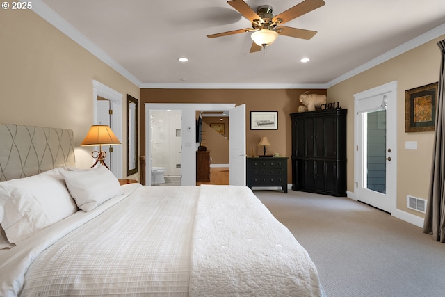 3563 Jake Mann Ln, Florence, OR 97439 - bedroom featuring ornamental molding, recessed lighting, connected bathroom, light carpet, and baseboards