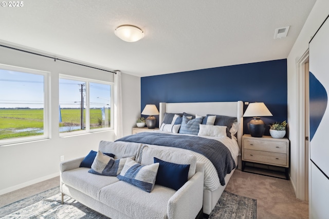 bedroom with a textured ceiling and carpet