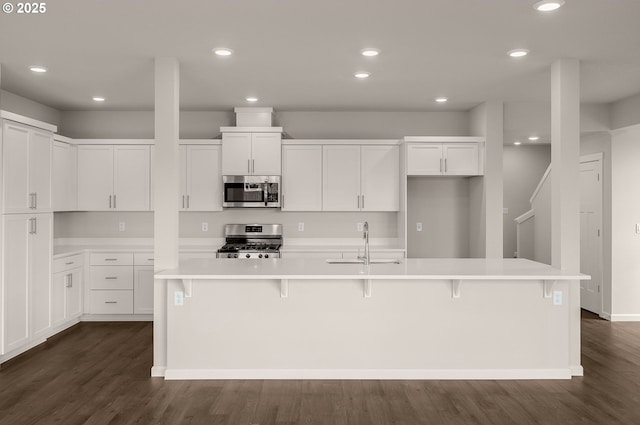 kitchen with white cabinetry, sink, a kitchen bar, a large island, and stainless steel appliances