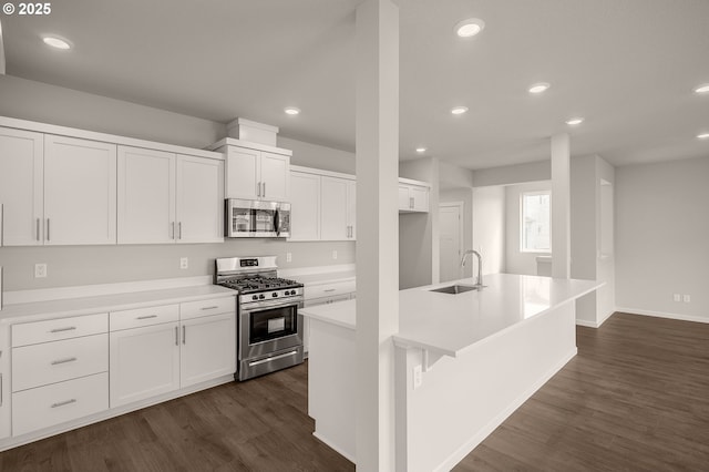 kitchen with sink, stainless steel appliances, dark hardwood / wood-style floors, white cabinets, and a center island with sink