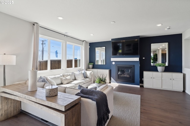 living room with dark wood-type flooring