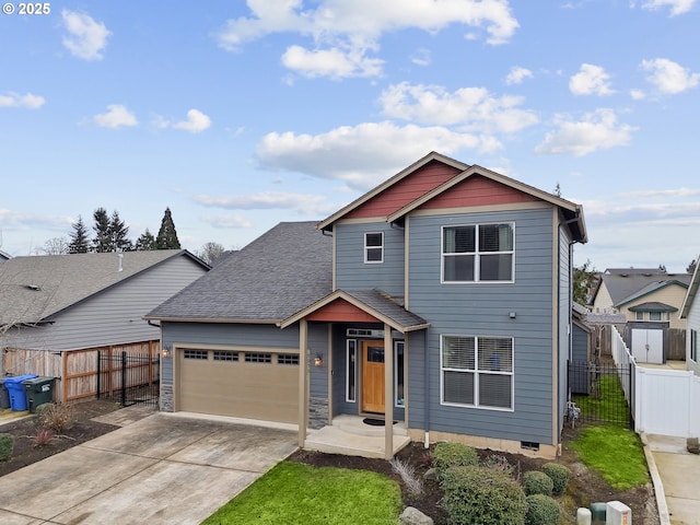 traditional home featuring a garage, roof with shingles, fence, and driveway