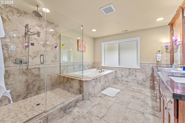 100 Garibaldi St, Lake Oswego, OR 97035 - full bathroom with a shower stall, a garden tub, double vanity, wainscoting, and tile walls