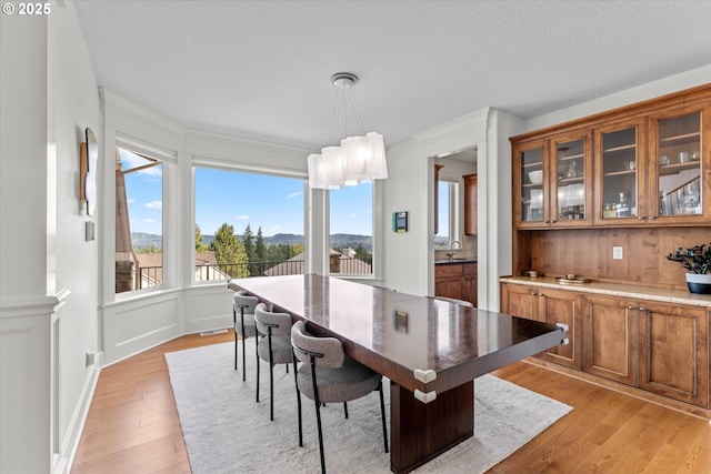 100 Garibaldi St, Lake Oswego, OR 97035 - dining space featuring light wood-type flooring, a mountain view, and a textured ceiling