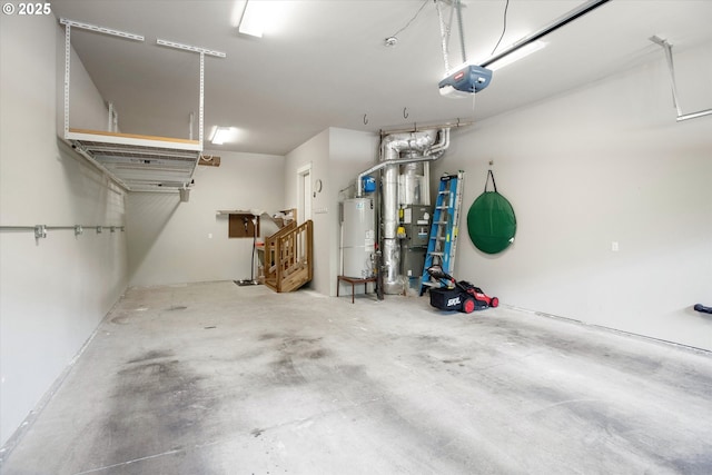 garage featuring water heater and a garage door opener