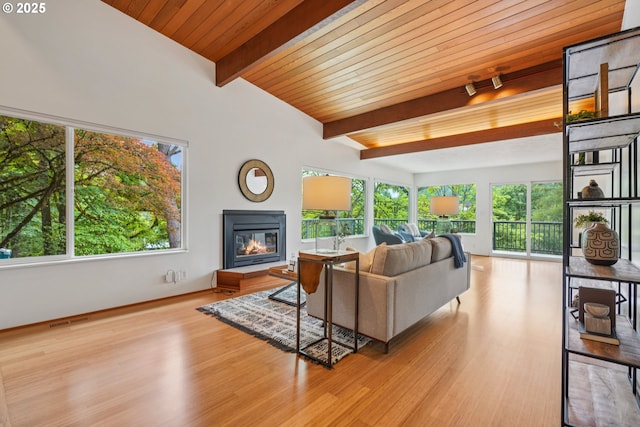 630 SW Viewmont Dr, Portland, OR 97225 - living area featuring a glass covered fireplace, plenty of natural light, wood finished floors, and wood ceiling with exposed beams