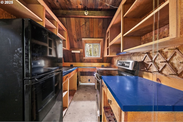 kitchen with open shelves, freestanding refrigerator, wooden ceiling, and electric range